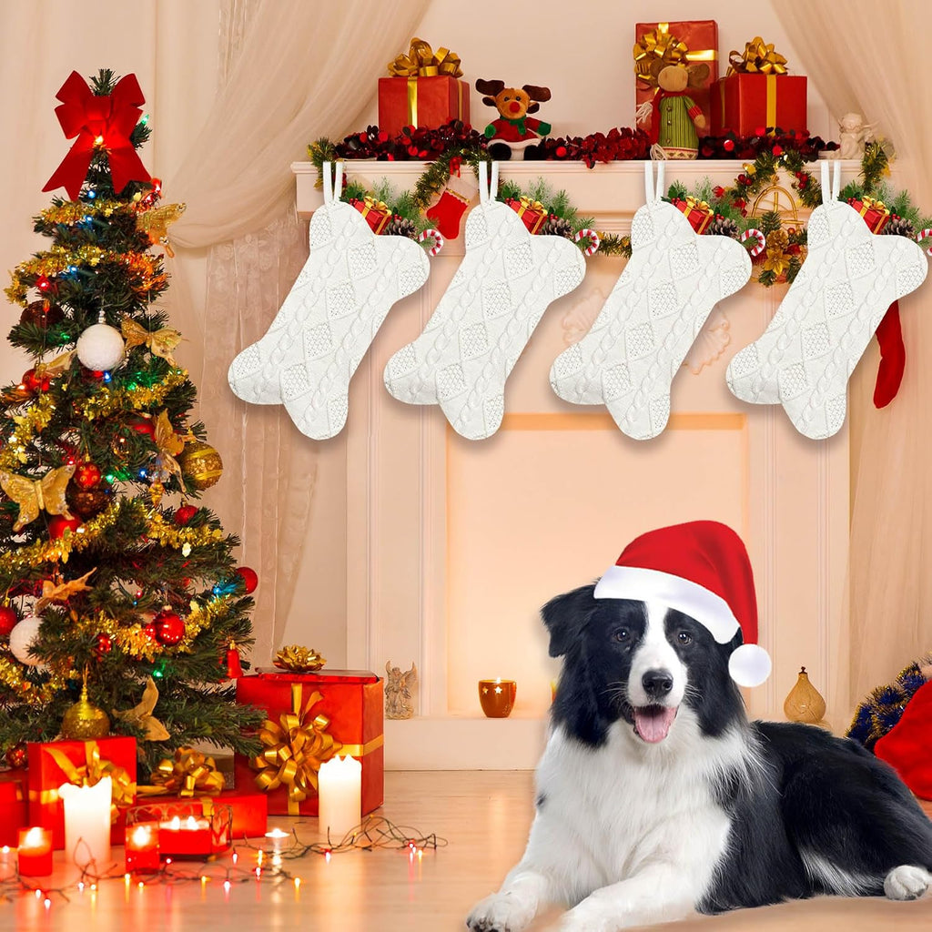 GOYOSWA 2 Pack Dog Christmas Stocking, 18 Inch Large Double Side Knitted Christmas Stocking for Dogs, Bone Shaped Hanging Dog Stockings for Dogs Pets (White & White)
