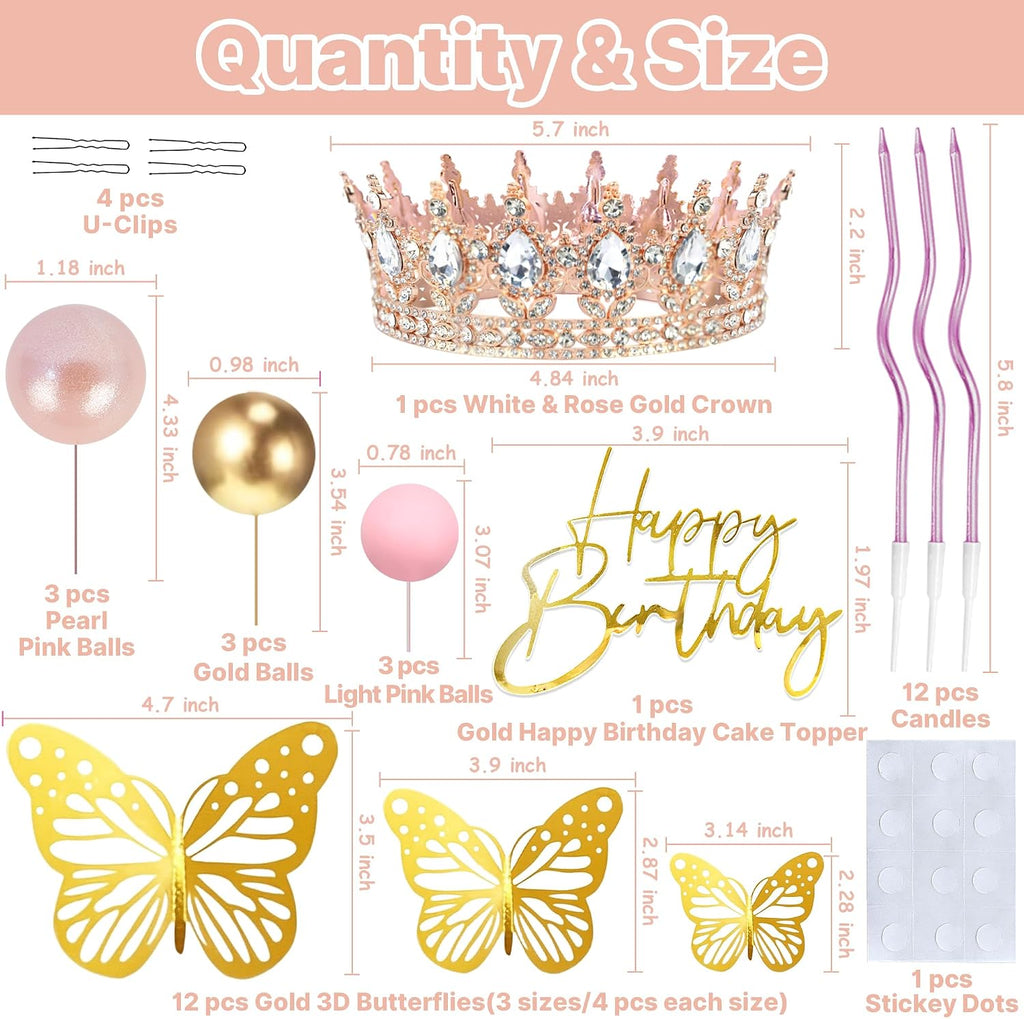 Crown Cake Topper, Corona Para Pastel, Crown Happy Birthday Cake Toppers Balls Candles Butterflies, Birthday Crown for Women Queen Princess Party Wedding Cake Decor (Rose Gold, White)