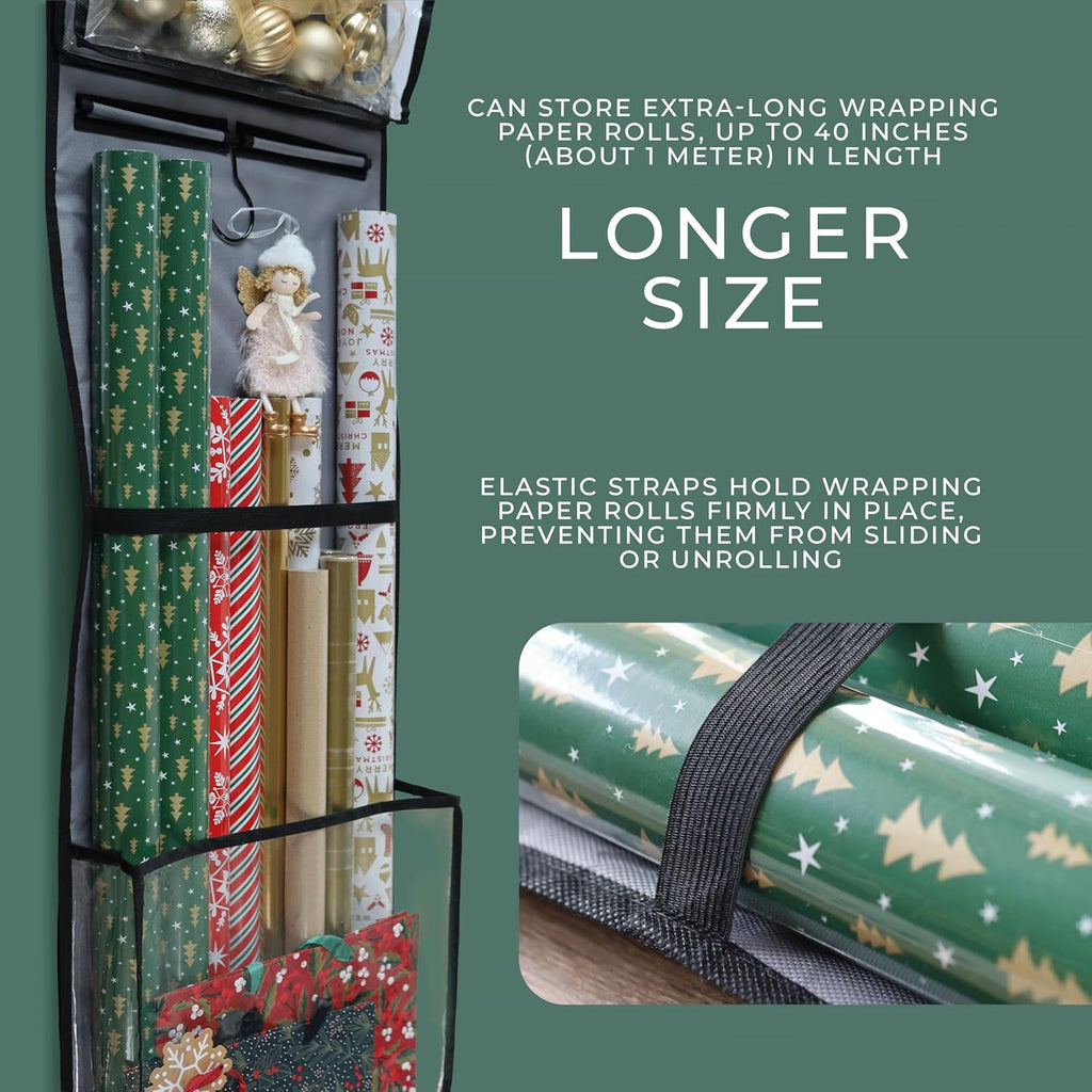 Hanging Wrapping Paper Organizer 63", Over-the-Door Gift Bag & Wrap Storage | Vertical Gift Wrap Holder with 4 Zipper Bags, Transparent Pockets & Hooks – Gift Paper Rolls, Ribbons & Accessories Storage