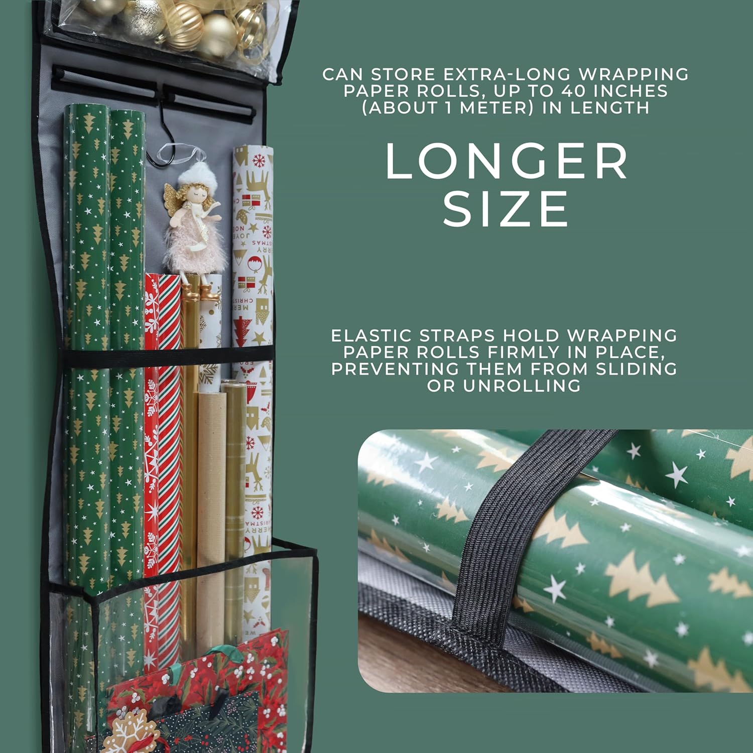Hanging Wrapping Paper Organizer 63", Over-the-Door Gift Bag & Wrap Storage | Vertical Gift Wrap Holder with 4 Zipper Bags, Transparent Pockets & Hooks – Gift Paper Rolls, Ribbons & Accessories Storage
