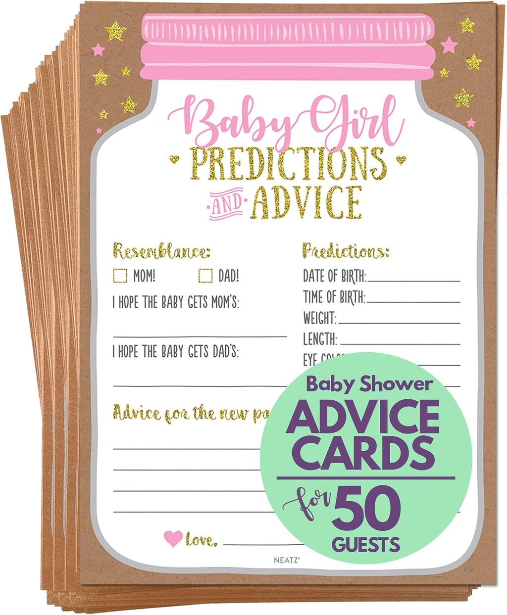 Neatz Baby Shower Advice Cards, Baby Prediction Cards, Girl Baby Shower Decorations, Babyshower Games For Girls, Mason Jar Design (Set of 50)