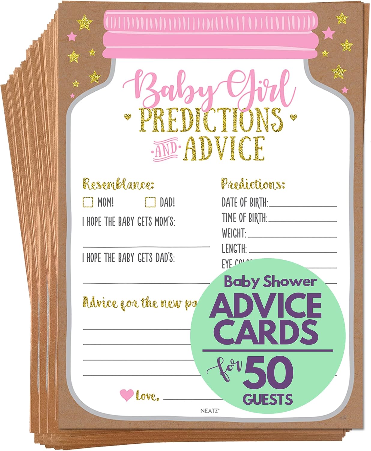 Neatz Baby Shower Advice Cards, Baby Prediction Cards, Girl Baby Shower Decorations, Babyshower Games For Girls, Mason Jar Design (Set of 50)