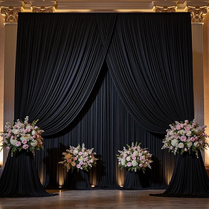 40×14ft Wrinkle Free Black Backdrop Curtain for Wedding Parties,8 Panels 5×14ft Height Soft Silky Polyester Photo Backdrop Drapes for Birthday Graduation Photography Stage Event Background Cloth