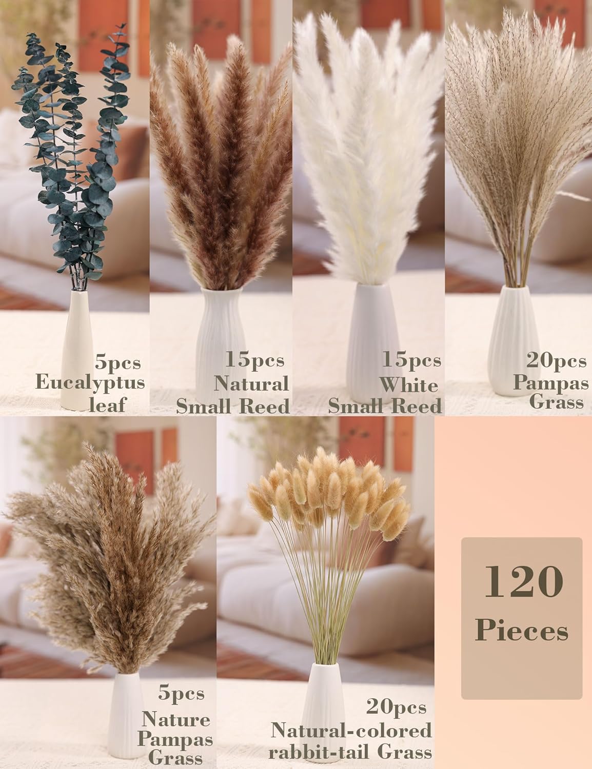 xin's convey 120 PCS Dried Pampas Grass, Dried Flowers, Reed Grass Bouquet for Bohemian Flowers Home Table Wedding Decoration, Rustic Farmhour.(Light Brown)