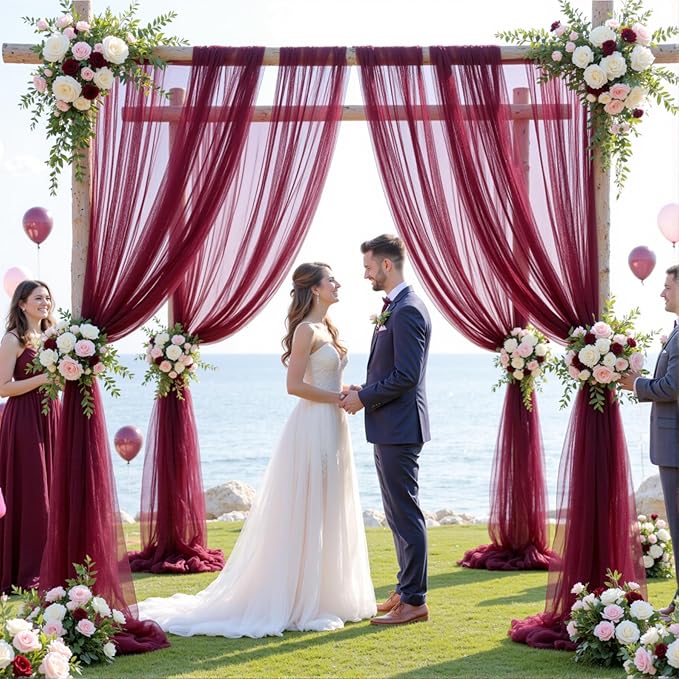 Wedding Arch Draping Fabric Backdrop 1 Panel 30" x 19Ft Burgundy Drapes Curtains for Wedding Reception Sheer Tulle Backdrop Curtain for Ceremony Birthday Party Baby Shower Arbor Ceiling Decorations