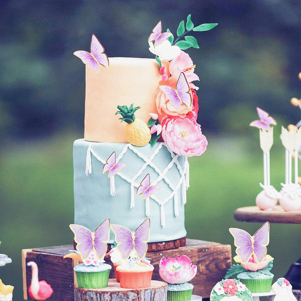 30Pcs 2D Waterproof Purple Butterfly Cake Topper Transparent Golden Butterflies Cupcake Toppers for Butterfly Birthday Wedding Floral Cake Decorartions Butterflies Wall Decorations Party Supplies