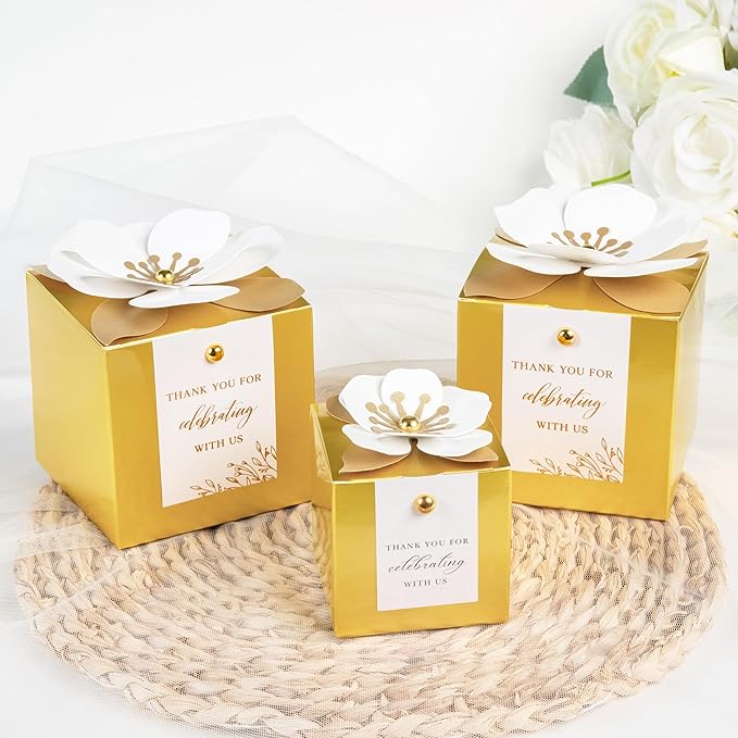 FEIYI 20 PCS Gold Gift Boxes, 3 In 1 Favor Boxes with Floral Decor, White Thank You Tags Cupcake Containers Gift wrapping for Wedding, Baby Shower, Birthday, Decorations Party - 3.55x3.55x3.55