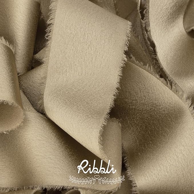 Ribbli Champagne Gold Silk Satin Ribbon 1.5 Inch x 12 Yard Handmade Frayed Chiffon Ribbon with Wooden Spool for Gift Wrapping Wedding Invitations Bridal Bouquets Home Decor