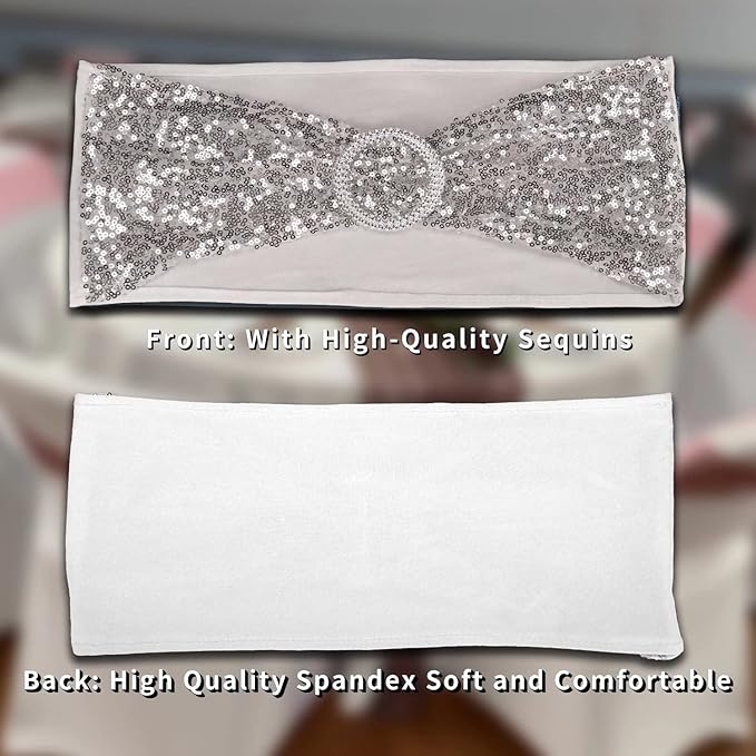 10 Pcs Chair Sashes Sequin Stretch Chair Bands Spandex Polyester Bows for Party Hotel Wedding Banquets Decoration -Silver