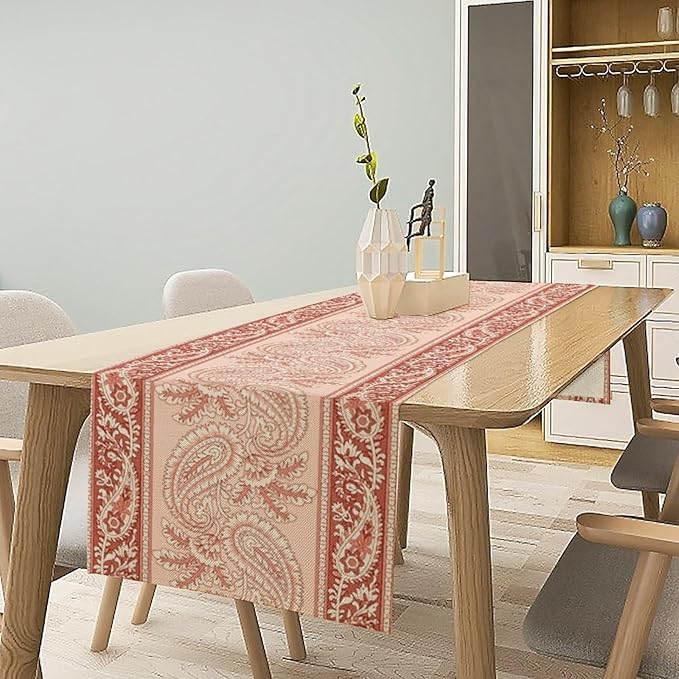 Pink Paisley Table Runner, Abstract Vintage Boho Paisley Flowers Leaves Print Table Runner for Home Kitchen Dining Room Wedding Party Decor, 13x60inch
