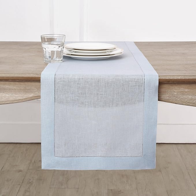 Solino Home Linen Light Blue Table Runner 132 Inches Long - 100% Pure Linen Extra Long Table Runner 14 x 132 Inch - Classic Hemstitch