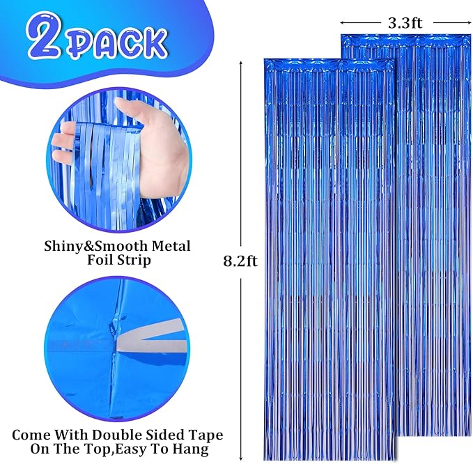 2 Pack Blue Foil Fringe Backdrop Curtains, Tinsel Streamers Birthday Party Decorations, Fringe Backdrop for Graduation, Baby Shower, Gender Reveal, Disco Party