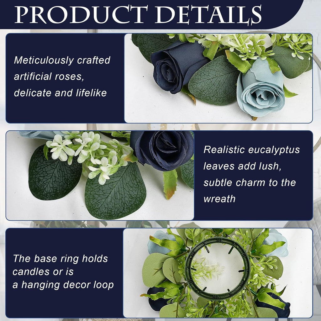 6 Sets Rose Rings Wreaths with LED Candles - Artificial Roses Eucalyptus Wreath Wedding Centerpiece for Wedding Bridal Shower Banquet Table Decor - Navy Blue