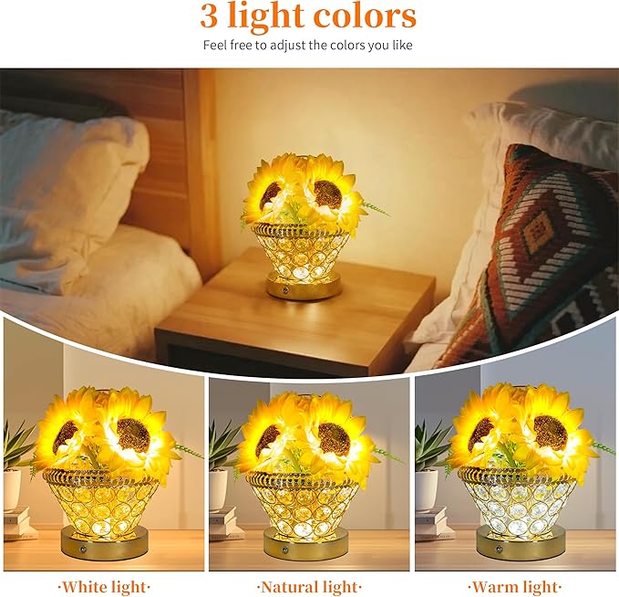 Birthday Gifts for Women, Gift Basket for Mom Sunflower Cordless Table Lamp,3 Color Crystal Lamps Touch Bedside Lamps Infinitely Dimming with USB Charge Small Night Light for Bedroom