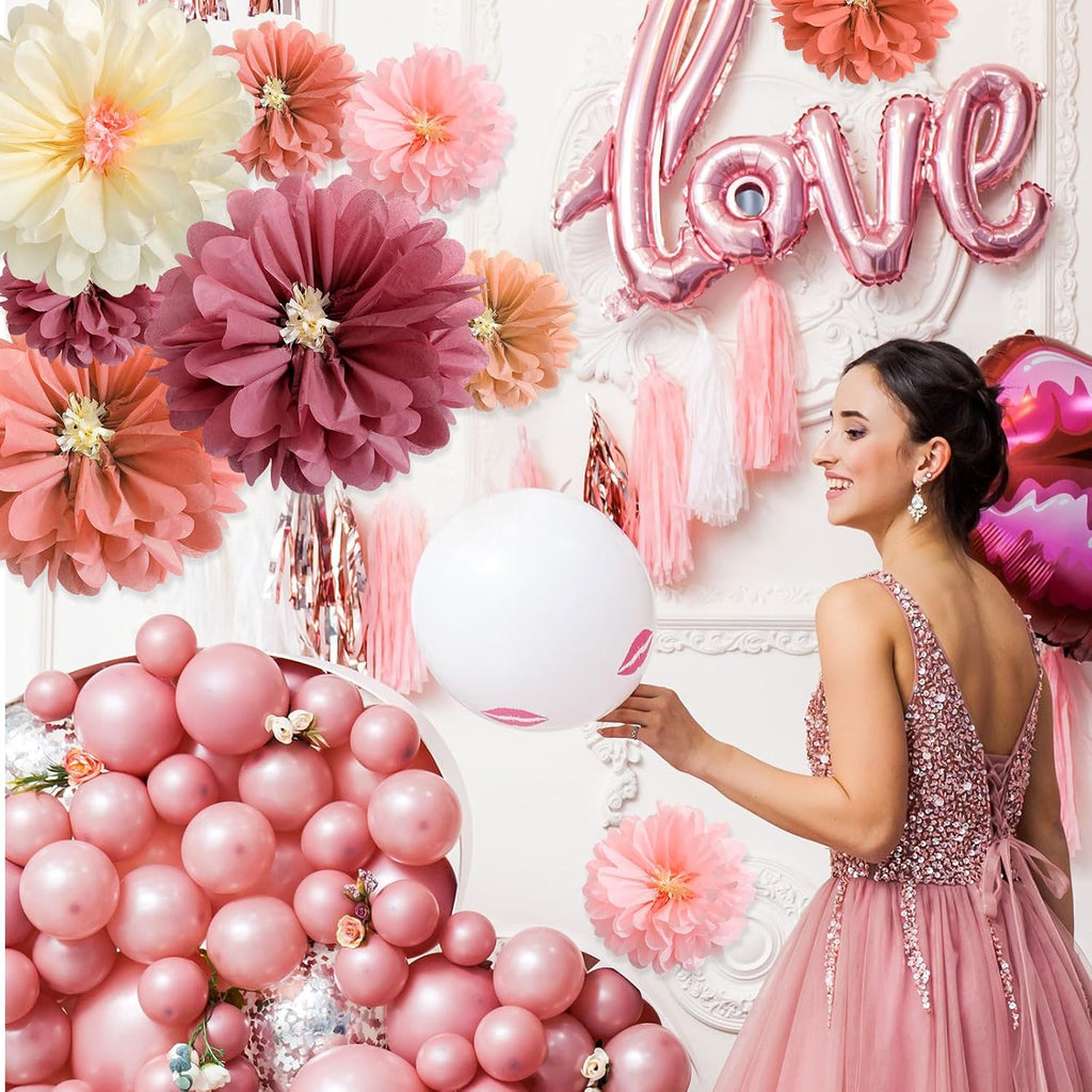 Watersay 24 Pcs 10" 20" Giant Mexican Fiesta Paper Flowers Colorful Tissue Crepe Flowers Pom Poms Craft for Floral Party Backdrop Wedding Birthday Party (Dusty Color)