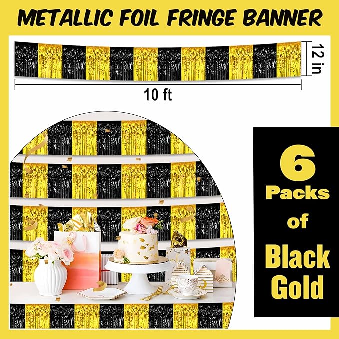 6 Pack 10 Ft Black and Gold Foil Fringe Garland Metallic Streamers Tinsel Banner Wall Hanging Garland Backdrop for Parade Floats, Halloween, Christmas, Thanksgiving, New Year Party Decorations