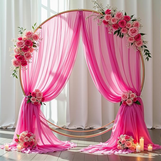 Wedding Arch Draping Fabric,2 Panels 18FT Hot Pink Sheer Chiffon Curtain Drapes 6 Yards for Wedding Ceremony Birthday Party Decoration