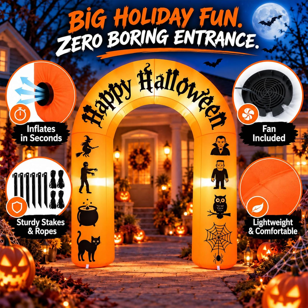 8ft halloween inflatable arch with led lights, orange showing dimensions