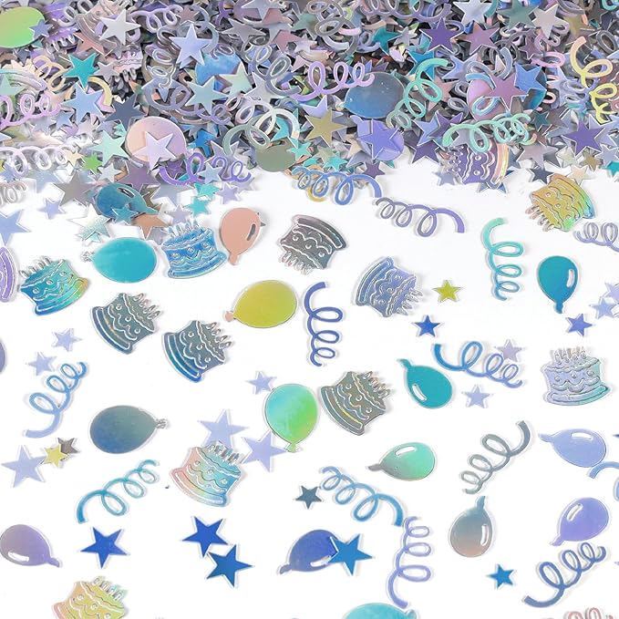 VHUWE Happy Birthday Confetti, 1.6 oz Laser Silver Cake Balloon Star Goblet Bottle Swirl Glitter Confetti for Boys Girls Kids Women Men Happy Birthday Party Table Decorations Supplies