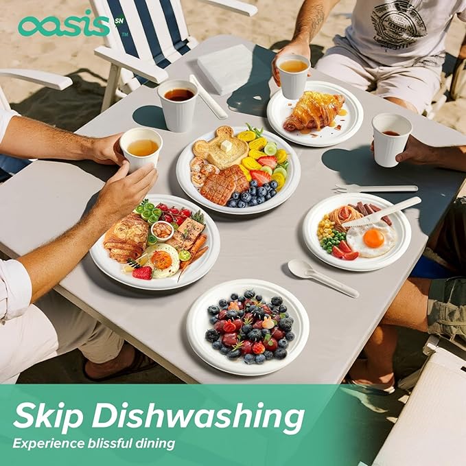 100-Pack Compostable Paper Plates Set – Includes 6" & 9" Heavy-Duty Sugarcane Plates (50 Each) – Eco-Friendly Disposable Plates for Meals, Snacks, and Parties-Natural (White)