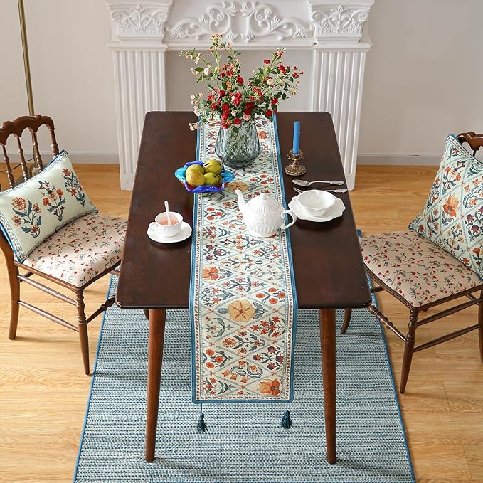 ISAENNE Designer Bohemian Elegant Linen Table Runner 71 Inches Long,Colorful Flower Pattern Table Runners for Dining Tables,Thanksgiving,Kitchen Tables,Christmas,12"*71"-Floralsea A