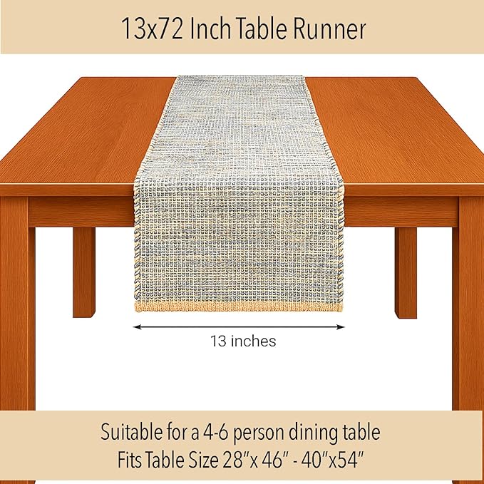 Chardin home Natural Jute Table Runner 13x72 Inch – Vintage Boho Rustic Table Decor – Handwoven Table Runner in Natural Jute and Grey – Farmhouse Dining or Console Table Accent
