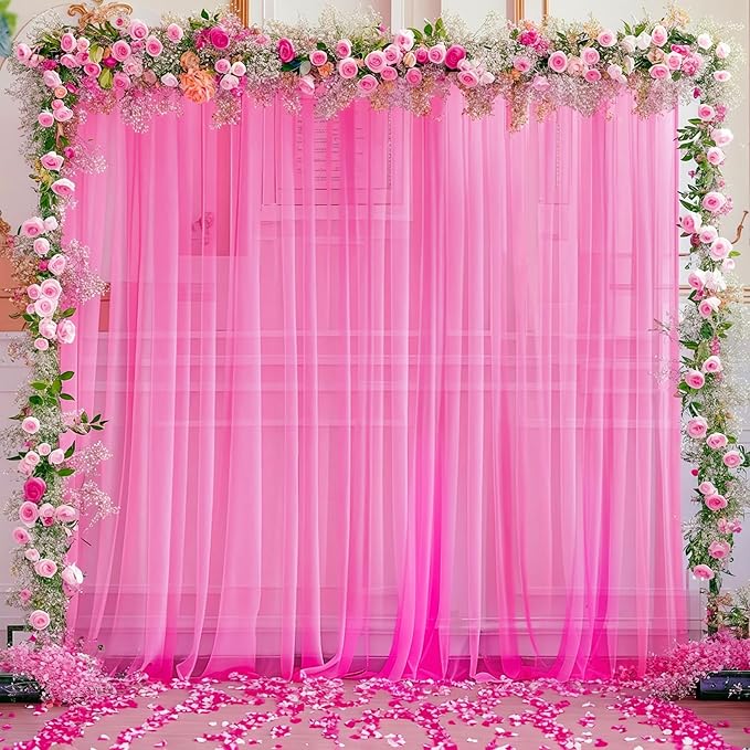 10x10 Hot Pink Tulle Backdrop Curtains for Parties, Sheer Backdrop Curtain Wedding Photo Background Drapes for Baby Shower Photography Birthday Party