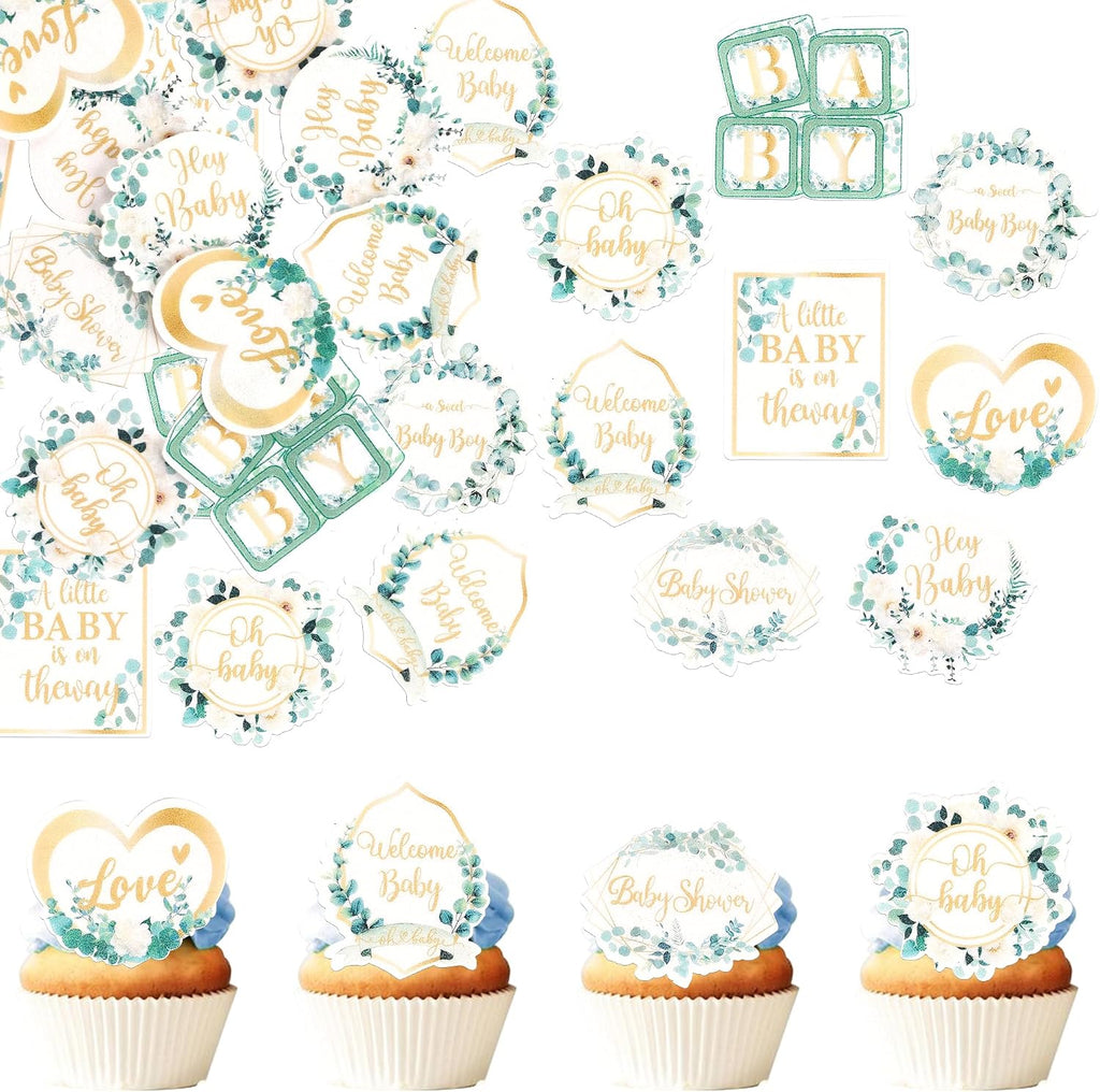 60 Pack Edible Welcome Boy Cupcake Toppers A Little Baby is on the Way Cake Toppers Rice Paper Wafer Paper Cupcake Picks for Kids Birthday Cake Decorations Green