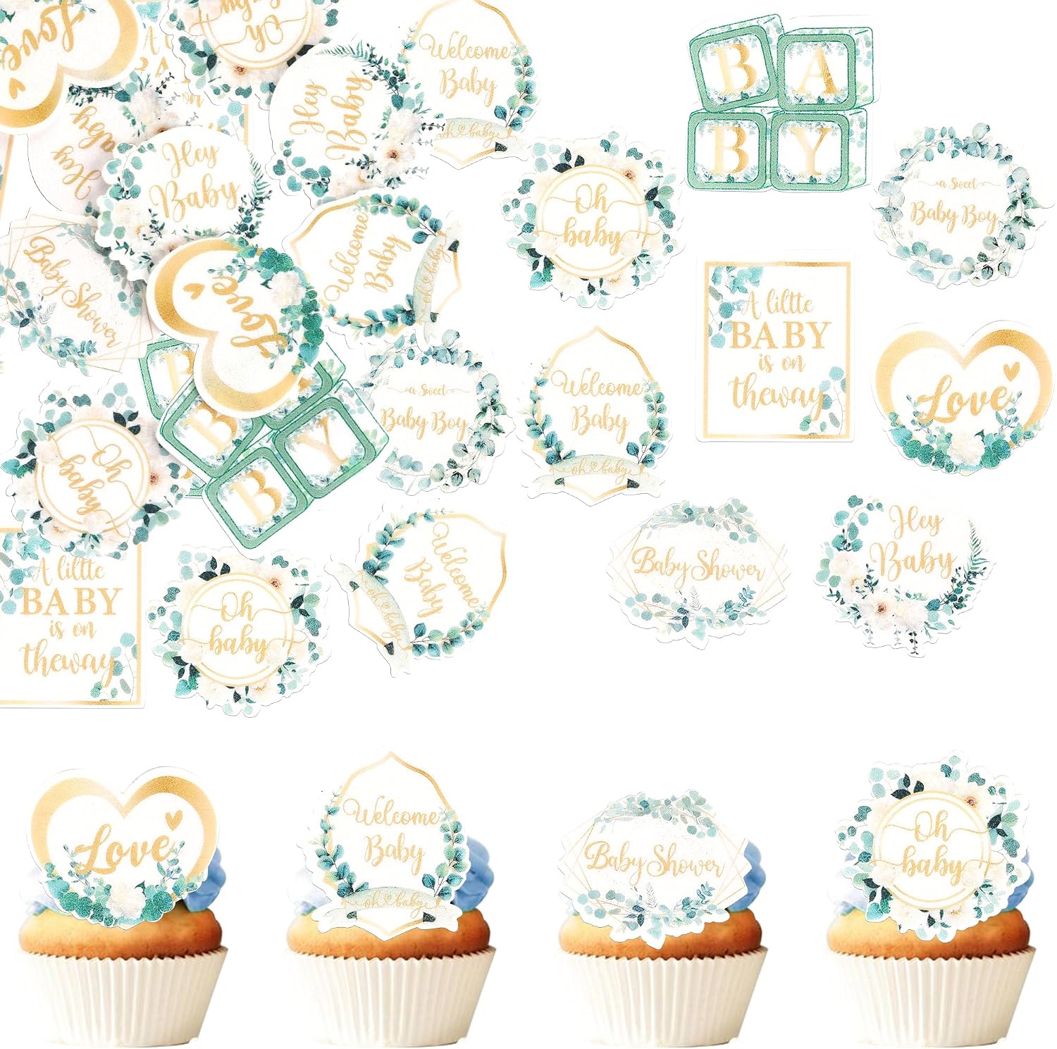 60 Pack Edible Welcome Boy Cupcake Toppers A Little Baby is on the Way Cake Toppers Rice Paper Wafer Paper Cupcake Picks for Kids Birthday Cake Decorations Green