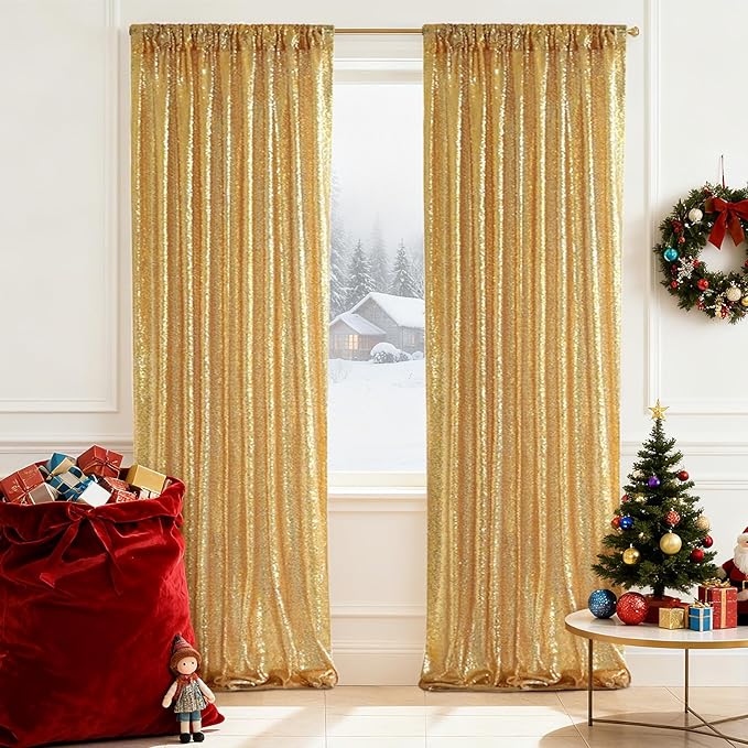 SquarePie Sequin Backdrop Curtain Not See Through Background for Wedding Party 2FT x 8FT 2P Gold