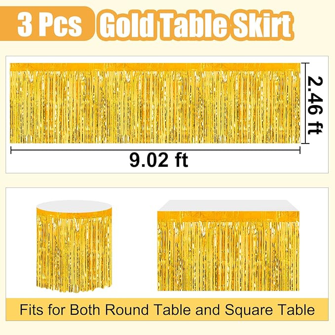 3 Pack 29 x108 Inch Gold Foil Fringe Table Skirts Metallic Banner for Tinsel Streamer Garland Backdrop for Parade Floats Wedding Thanksgiving Birthday Christmas Halloween New Year Party Decoration