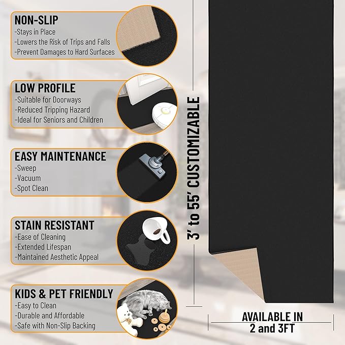 Ottomanson 3x20 Non Slip Extra Long Hallway Runner Rug with Rubber Backing - Solid Modern Kitchen Rug for Bedroom or Living Room, Black, 2'7" x 20'