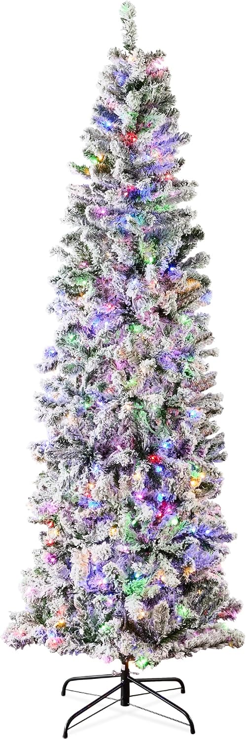best choice products flocked pencil christmas tree, pre-lit, main product view