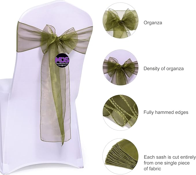MDS Pack of 250 PCS Organza Chair Sashes Wider Dining Chair Bows Ribbon Tie Back for Wedding Party Birthday Bridal Shower Reception Event Banquet Home Chair Cover Decoration - Olive Green