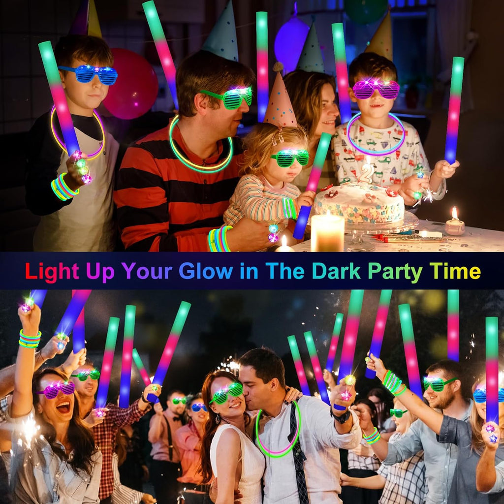 OLUPP 150 PCS Glow in the Dark Party Supplies, 16 Foam Sticks, 16 LED Glasses, 100 Glow Sticks and 18 Finger Lights for Neon Party, 4th of July, Wedding, Birthday, Concert, New Year, Carnivals, Raves
