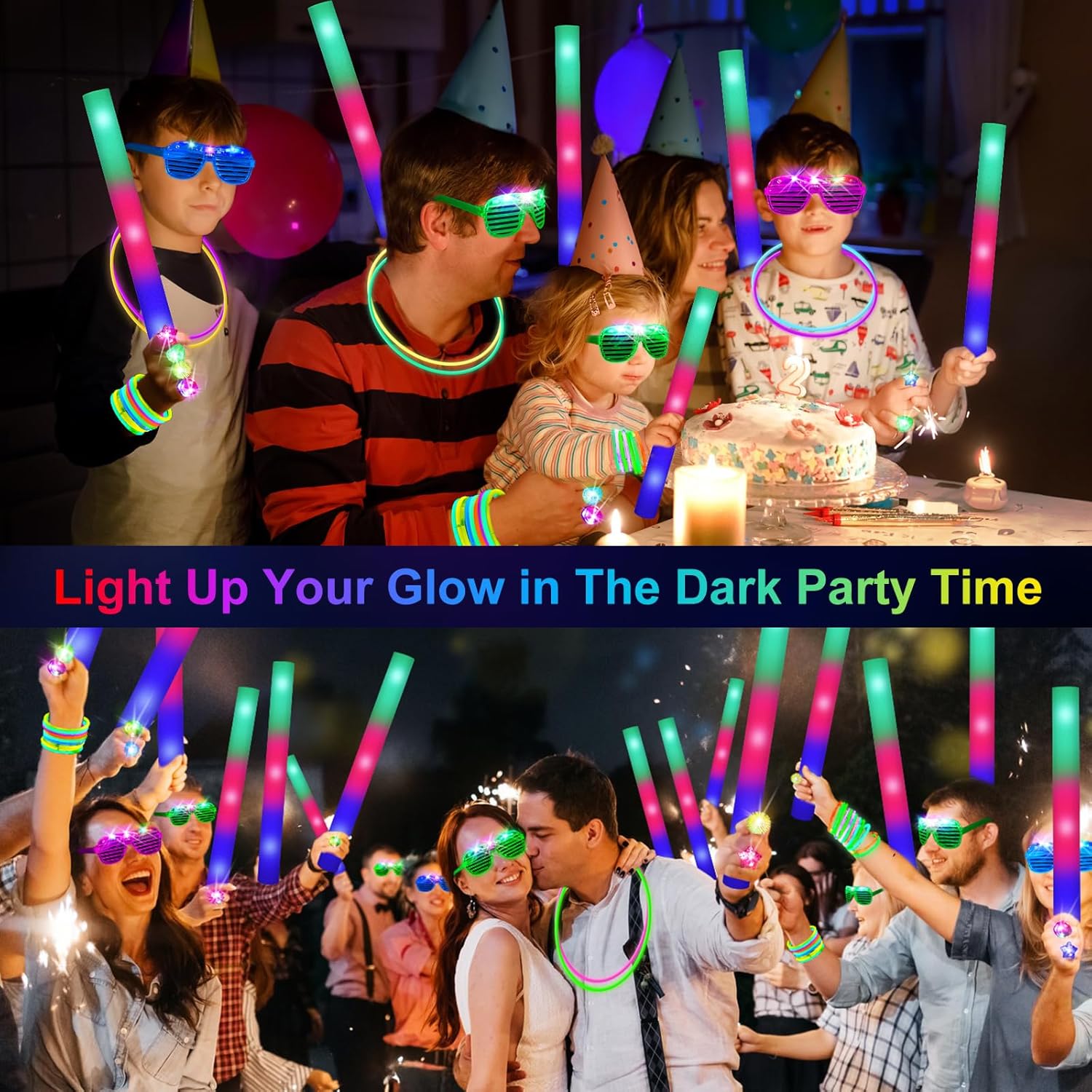 OLUPP 150 PCS Glow in the Dark Party Supplies, 16 Foam Sticks, 16 LED Glasses, 100 Glow Sticks and 18 Finger Lights for Neon Party, 4th of July, Wedding, Birthday, Concert, New Year, Carnivals, Raves