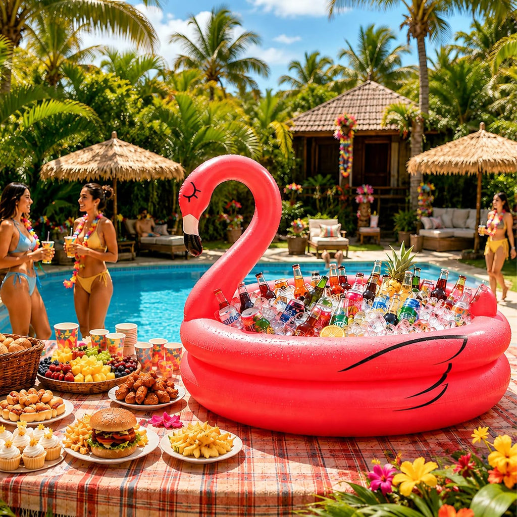 Inflatable Flamingo Cooler 130+ Cans Large Capacity Pool Party Decorations | Bottom Quick-Drain, Luau Party Decor, Flamingo Beach Hawaiian Birthday Party Supplies, Tropical Themed Summer Drink Cooler