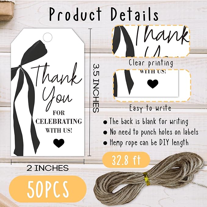Thank You Gift Tags with String, 2x3.5 Inch Thank You for Celebrating with Us Tag, Black Bow Print, Gift Label for Birthday Party Baby Bridal Shower Wedding Favor-A15