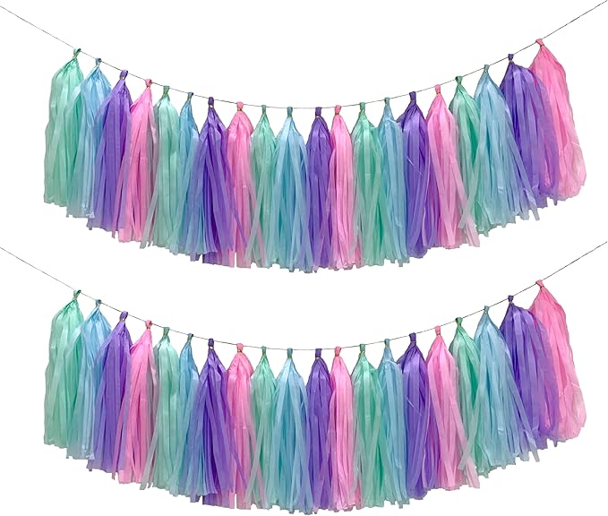 Blue Purple Mint Green Pink Tissue Paper Tassel Garland,Tissue Tassel Banner for Party Decorations,Pack of 20