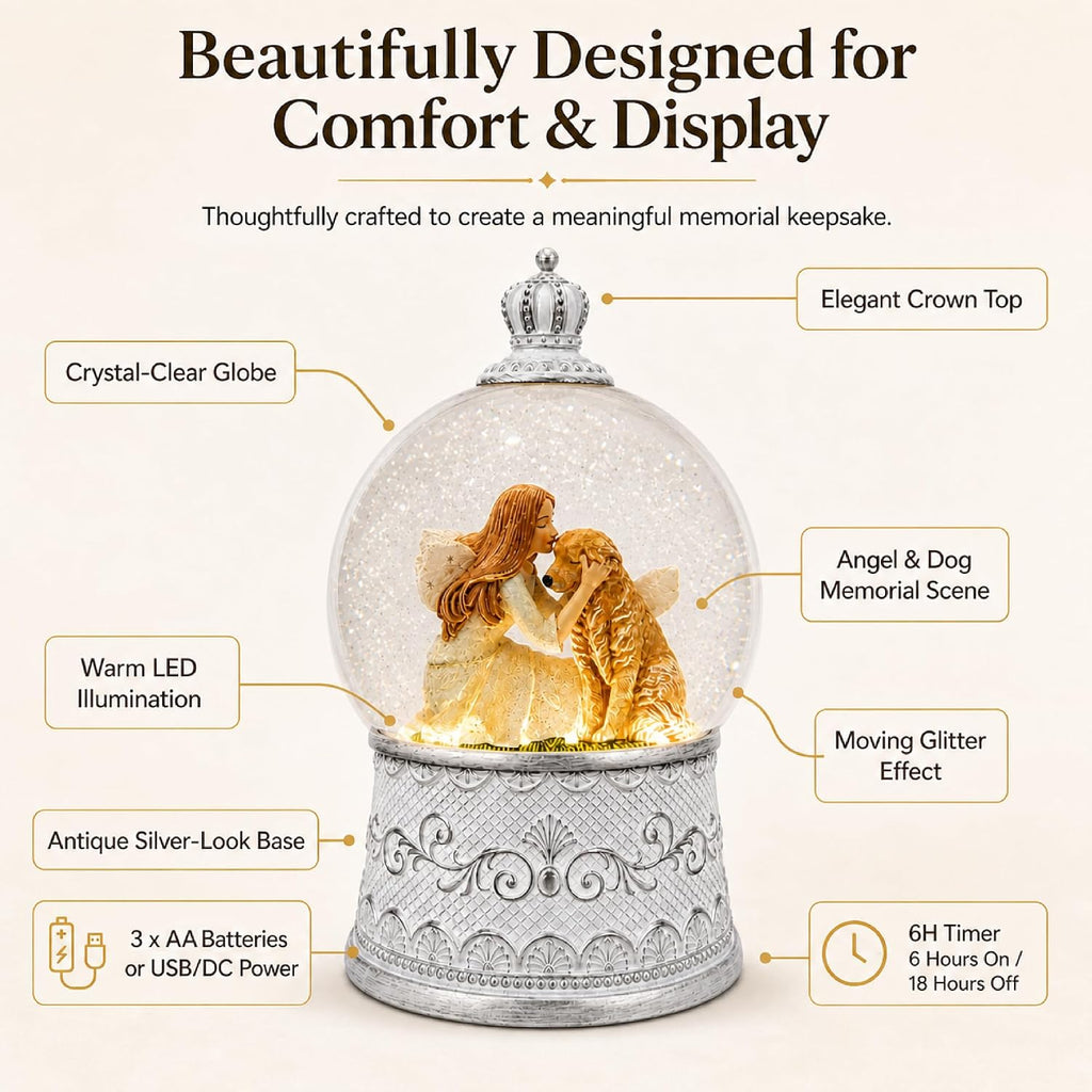 Dog Memorial Gifts for Loss of Dog Sympathy Gift, Snow Globe with Auto Swirling Glitter & 6H Timer, Battery or USB Powered, Dog Passing Away Gifts for Home Decor