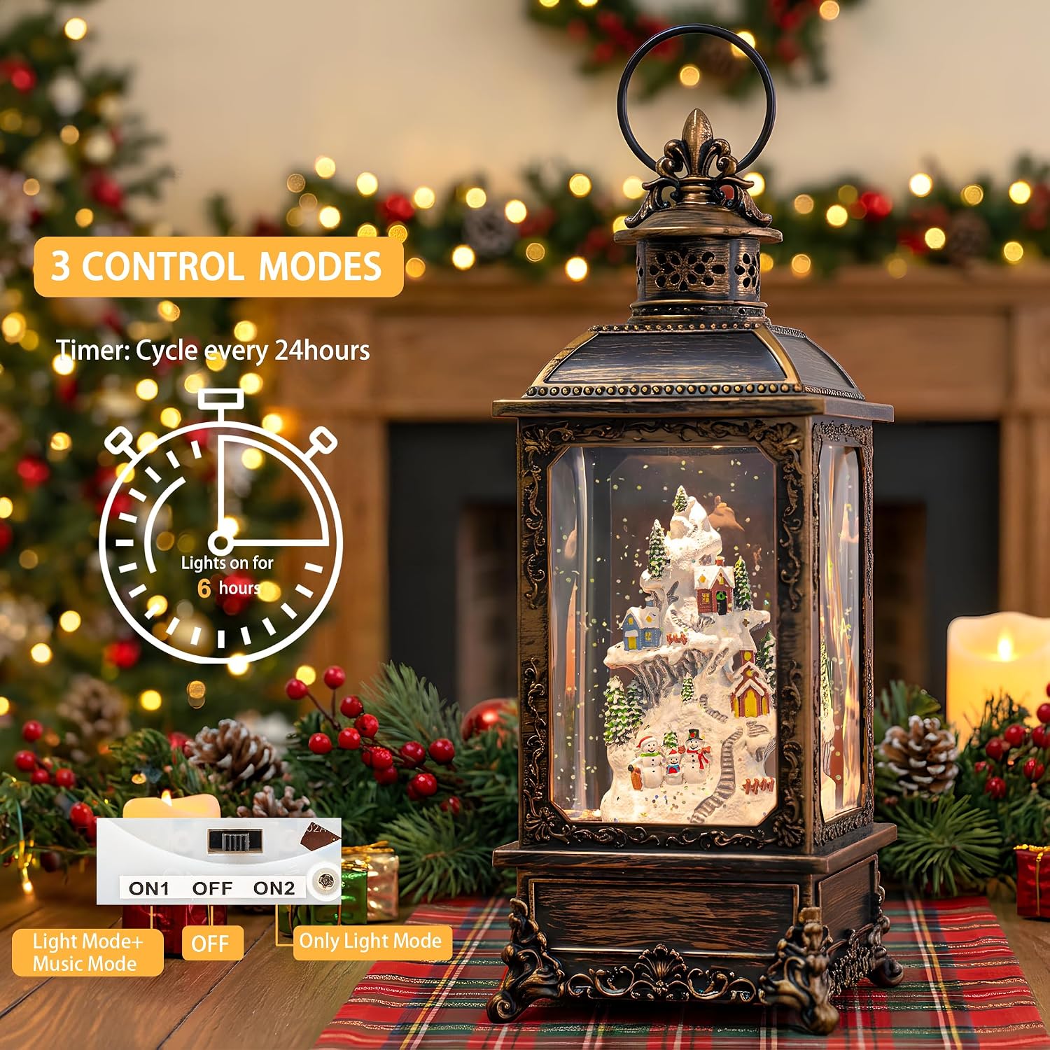 Christmas Snow Globe Lantern Musical Lighted Snow Mountain Snowman Village Water Lantern with Swirling Glitter Decoration for Christmas Home, Living Room, Batter Operated or USB Powered