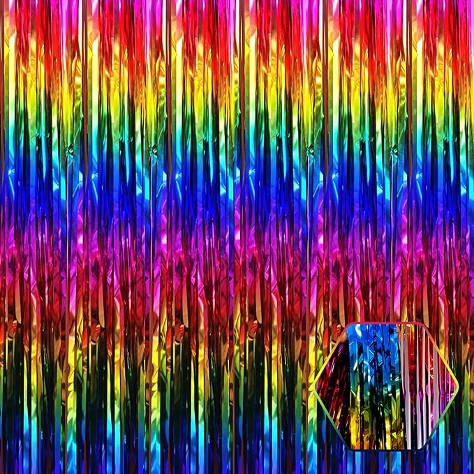 6 Pack Rainbow Foil Fringe Curtain Backdrop, 3.28Ft x 8.2Ft Metallic Tinsel Foil Fringe Streamer Curtains for Photo Booth, Birthday, Wedding, New Year Party Decorations