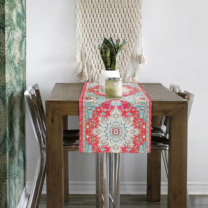 Snycler Table Runner Boho Table Runners Vintage Elegant Farmhouse Table Center Linen Decor for Home Dining Party Entrance (13x108 Inch) Boho-Pink