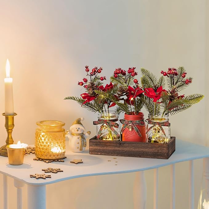 3 Pcs Mason Jar Centerpiece Decorations for Christmas Table Decor Farmhouse Coffee Table Decor Christmas Kitchen and Room Decor,Red