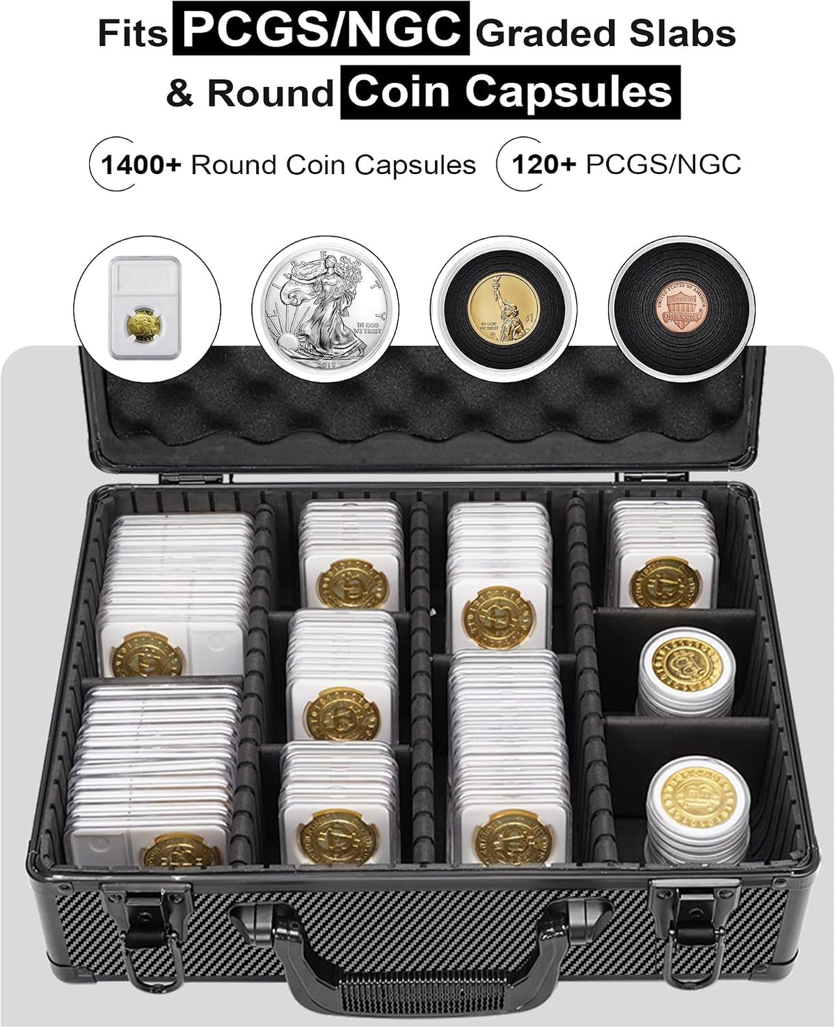 LOCKCURX Carbon Fiber Coin Collection Case, 120 Slab & 1400 Capsule
