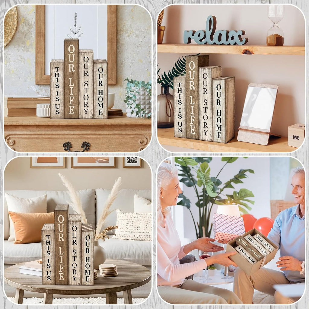 Lineshading 4 Pcs Farmhouse Table Decor Wooden Rustic Our Home Our Story Life Table Centerpiece Farmhouse Book Stack Block Sign for Tabletop Shelf Tiered Tray Desk Living Room Fireplace Home
