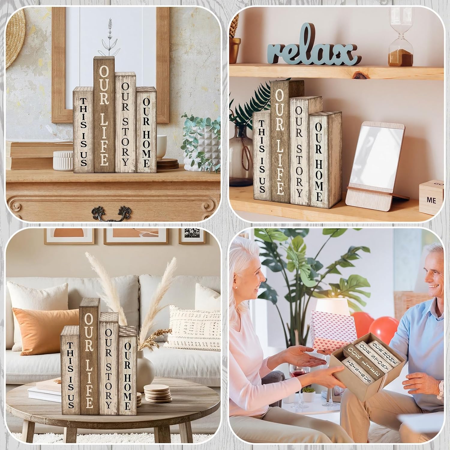 Lineshading 4 Pcs Farmhouse Table Decor Wooden Rustic Our Home Our Story Life Table Centerpiece Farmhouse Book Stack Block Sign for Tabletop Shelf Tiered Tray Desk Living Room Fireplace Home