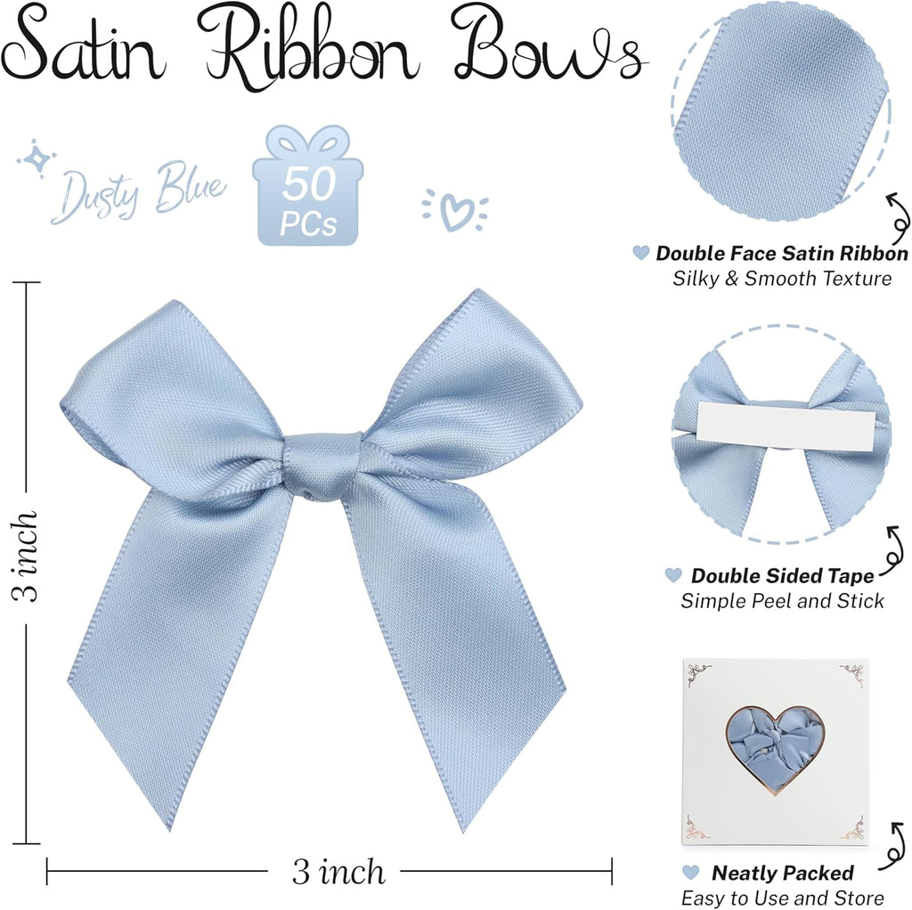 Pre-Tied Self Adhesive Dusty Blue Satin Ribbon Bows for Crafts 3" Small Blue Bow Decor for Coquette Birthday Party Decorations, Wedding, Gift Wrapping, Balloon, Baby Shower (50 Pack)