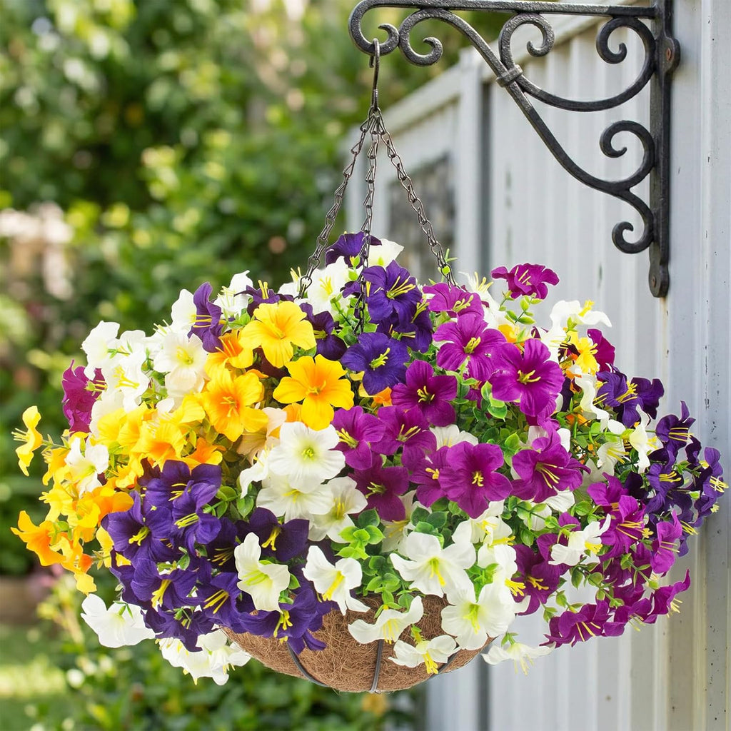 2 Set Artificial Outdoor Flowers with Hanging Baskets,24 Pcs UV Resistant Faux Petunias Flowers with Hanging Planter for Front Door Porch Spring Outside Decor (2, White,Yellow,Purple,RedViolet)