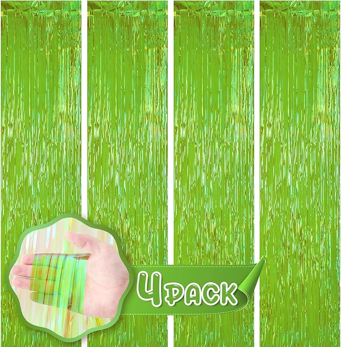 4 Pack 3.3x8.2 Feet Neon Green Foil Fringe Backdrop Curtains, Tinsel Streamers Birthday Party Decorations, Fringe Backdrop for Graduation, Baby Shower, Gender Reveal, Disco Party